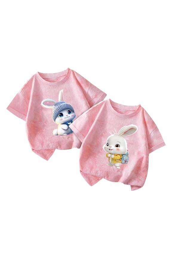 Girls Short Sleeve 2 Pack T-Shirt, Kids Cotton Casual Crew Neck Print Top, Daily Summer Tees Pink Size 8-10 Years