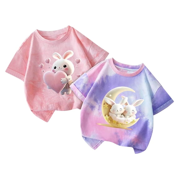 SGFCWSX Girls Short Sleeve 2 Pack T-Shirt, Kids Graphic Print Casual Crew Neck Cotton Top, Daily Summer Tees Sky Blue Size 4-6 Years