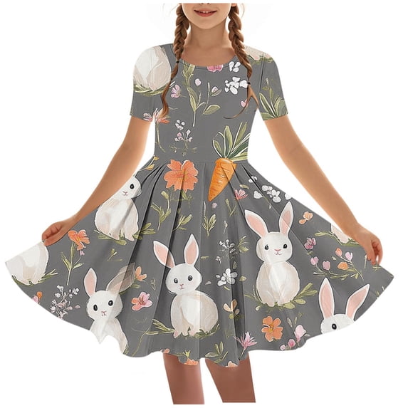 SGFCWSX Girls Short Sleeve Dress A-Line Crew Neck Easter Egg Bunny Print Casual Summer Dresses for Kids Gray Size 4-5 Years