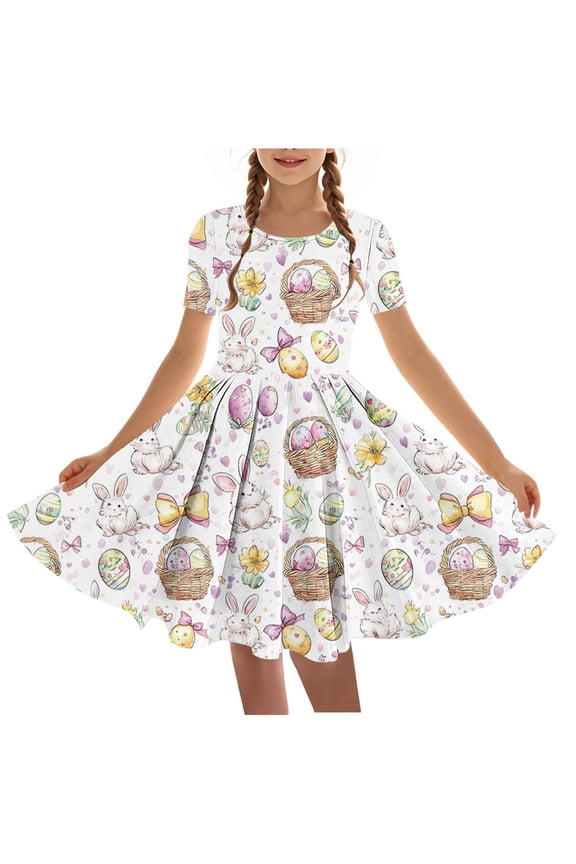 Girls Short Sleeve Dress Easter Bunny Egg Print A-Line Crew Neck Summer Dresses for Kids White Size 5-6 Years