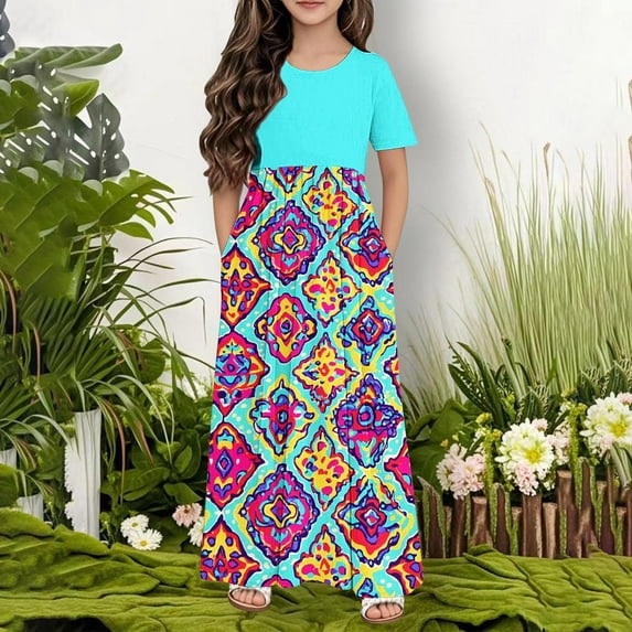 SGFCWSX Girls Short Sleeve Maxi Dress Kids Casual Floral Print Crewneck A-Line Dress with Pockets for Summer Vacation Wear Sky Blue Size 4-5 Years