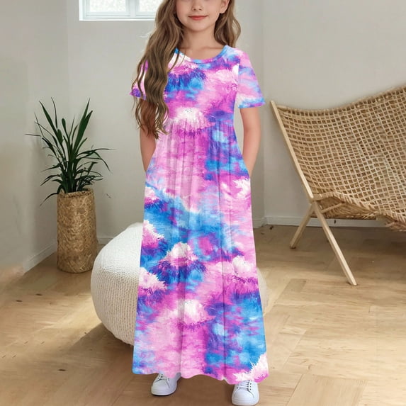 SGFCWSX Girls Short Sleeve Maxi Dress Kids Crewneck Floral Print Casual Dress with Pockets for Spring Summer Everyday Wear Multicolor Size 10-11 Years