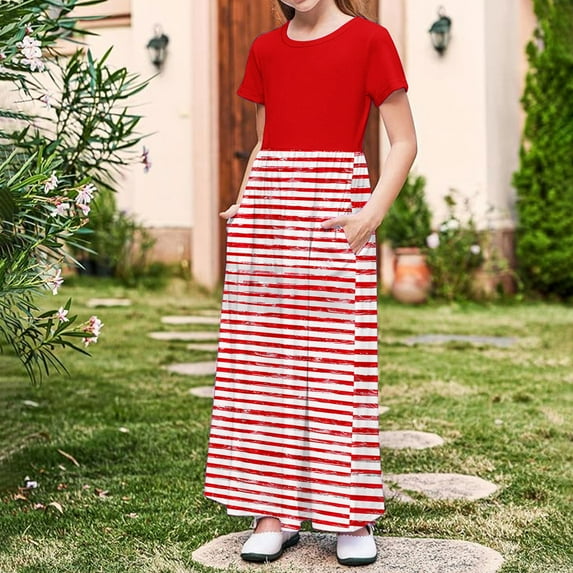 SGFCWSX Girls Short Sleeve Maxi Dress Kids Crewneck Summer Graphic Print A-Line Dress with Pockets for Casual Wear Red Size 5-6 Years