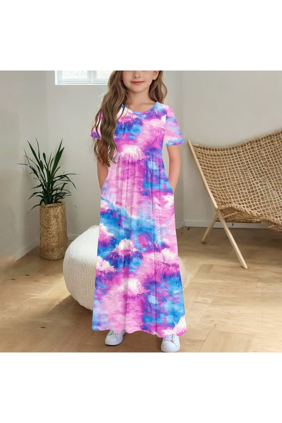 Girls Short Sleeve Maxi Dress Teens Crewneck Floral Print Casual Dress with Pockets for Spring Summer Everyday Wear Multicolor Size 14-15 Years