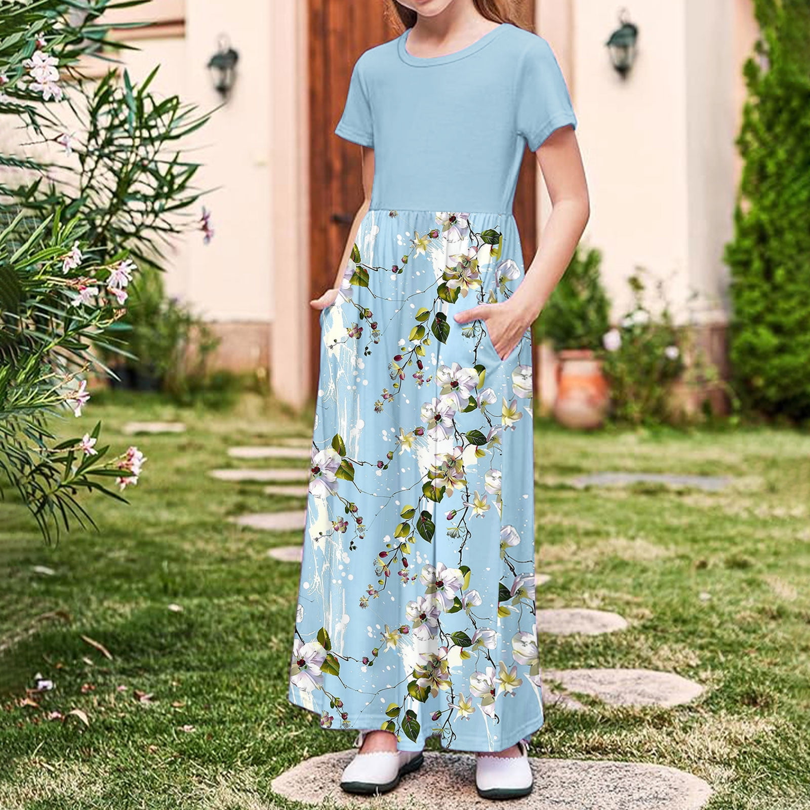 Girls Short Sleeve Maxi Dress Teens Summer Print Crewneck A-Line Dress with Pockets for Casual Wear Blue Size 13-14 Years