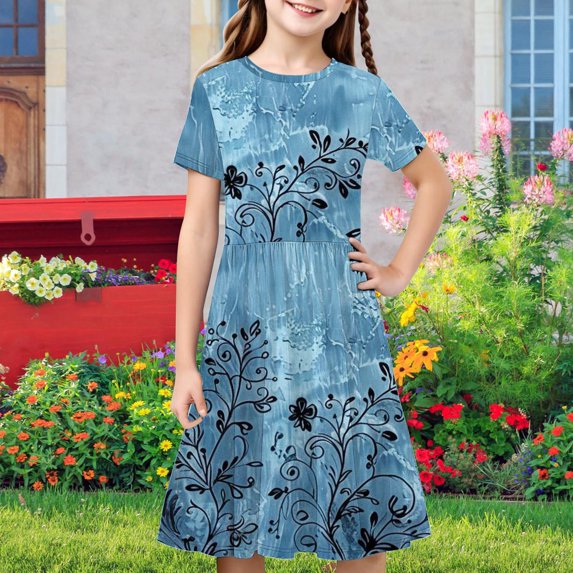 SGFCWSX Girls Short Sleeve Midi Dress Kids Crewneck Print Casual Flowy A-Line Dress for Spring Summer Beach Wear Multicolor Size 4-5 Years