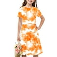 thumbnail image 1 of SGFCWSX Girls Short Sleeve Midi Dress Kids Crewneck Summer Tie Dye Print A-Line Casual Dress for Everyday Wear Orange Size 7-8 Years, 1 of 7