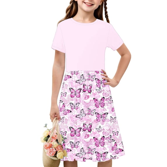 SGFCWSX Girls Short Sleeve Midi Dress Teens Summer Crewneck Print A-Line Dress for Casual Wear Pink Size 13-14 Years