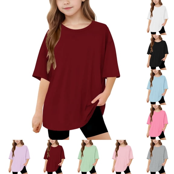 SGFCWSX Girls Short Sleeve Oversized T-Shirt, Kids Casual Crew Neck Daily Tees Summer Tops Wine Size 10-11 Years