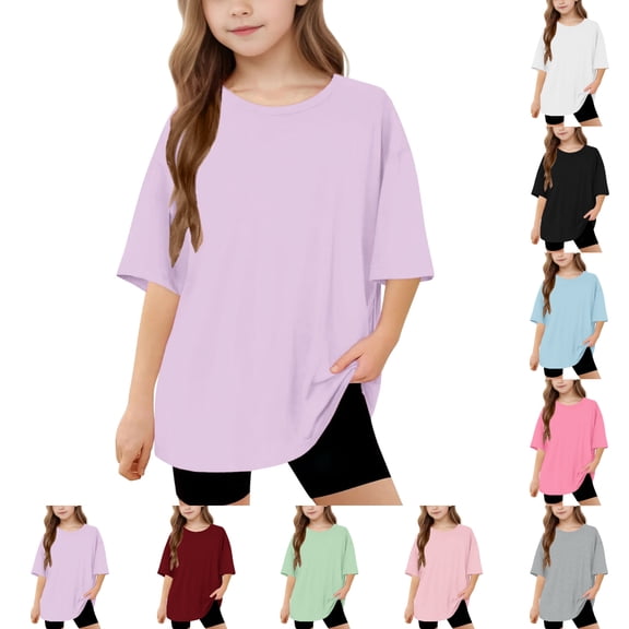 SGFCWSX Girls Short Sleeve Oversized T-Shirt, Kids Casual Tees Crew Neck Daily Summer Tops Purple Size 5-6 Years