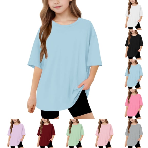 SGFCWSX Girls Short Sleeve Oversized T-Shirt, Kids Daily Tees Crew Neck Casual Summer Tops Blue Size 10-11 Years