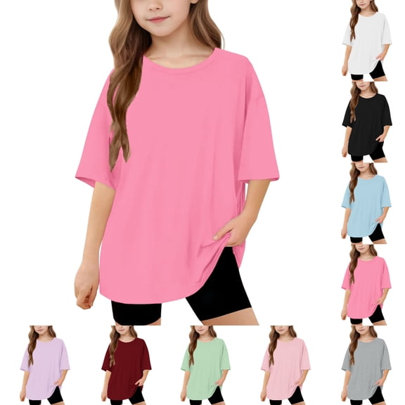 SGFCWSX Girls Short Sleeve Oversized T-Shirt, Kids Tees Casual Crew Neck Daily Summer Tops Hot Pink Size 6-7 Years