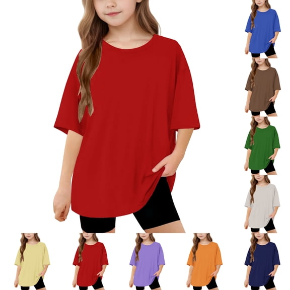 SGFCWSX Girls Short Sleeve Oversized T-Shirt, Kids Tees Casual Daily Crew Neck Summer Tops Red Size 10-11 Years