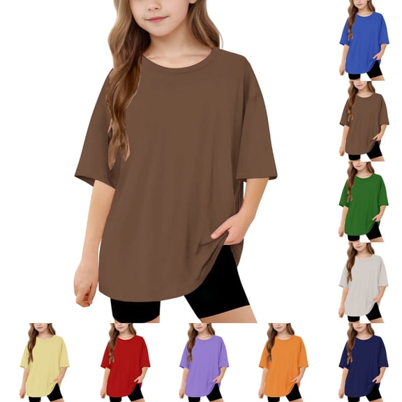 SGFCWSX Girls Short Sleeve Oversized T-Shirt, Teens Daily Crew Neck Casual Tees Summer Tops Brown Size 12-13 Years