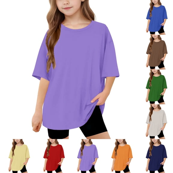 SGFCWSX Girls Short Sleeve Oversized T-Shirt, Teens Daily Tees Crew Neck Casual Summer Tops Purple Size 12-13 Years