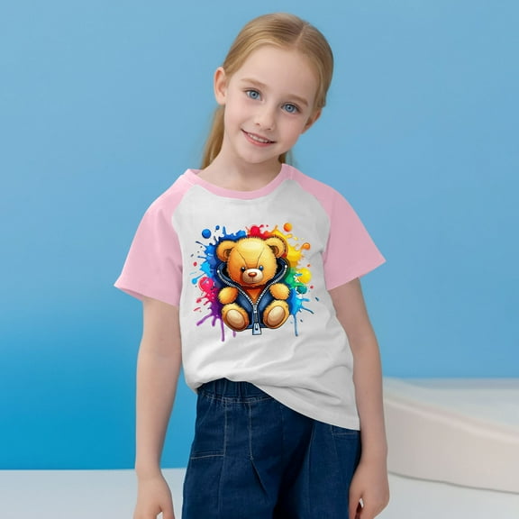 SGFCWSX Girls Short Sleeve Raglan T-Shirt, Kids Crew Neck Regular Fit Print Tees Casual Summer Daily Tops Pink Size 11-12 Years