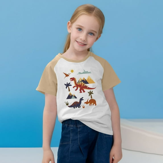 SGFCWSX Girls Short Sleeve Raglan T-Shirt, Kids Crew Neck Regular Fit Print Tees Casual Summer Tops Beige Size 5-6 Years