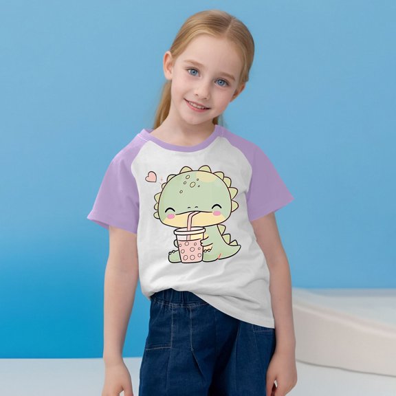 SGFCWSX Girls Short Sleeve Raglan T-Shirt, Kids Graphic Tees Crew Neck Regular Fit Casual Summer Daily Tops Purple Size 7-8 Years