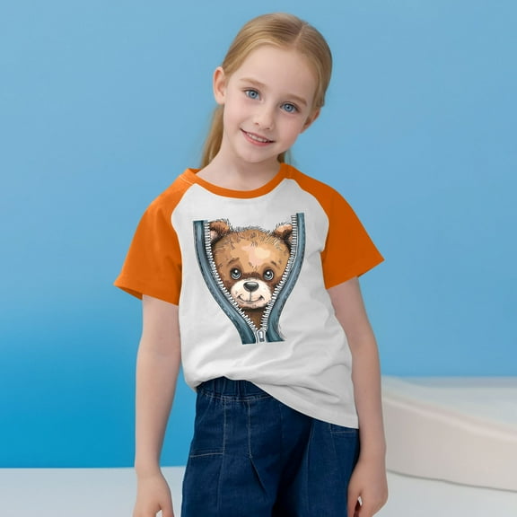 SGFCWSX Girls Short Sleeve Raglan T-Shirt, Kids Printed Tees Crew Neck Regular Fit Casual Summer Tops Orange Size 11-12 Years