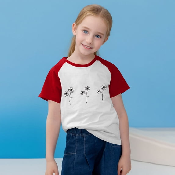 SGFCWSX Girls Short Sleeve Raglan T-Shirt, Kids Printed Tees Regular Fit Crew Neck Summer Daily Tops Red Size 3-4 Years