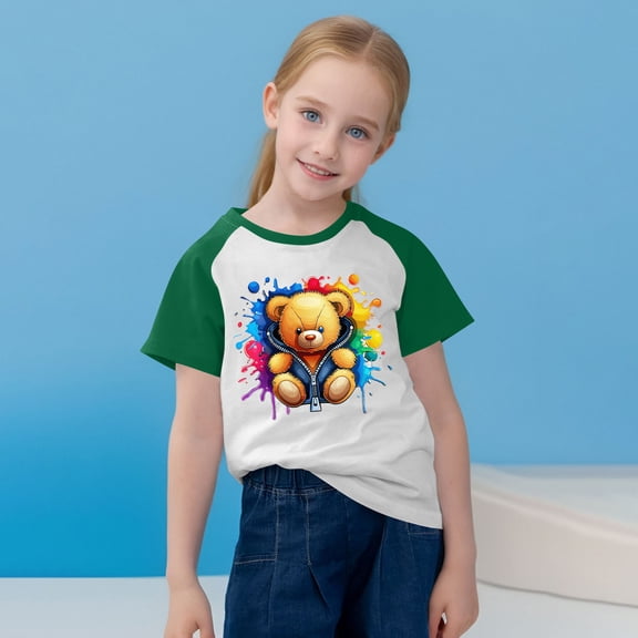 SGFCWSX Girls Short Sleeve Raglan T-Shirt, Kids Regular Fit Print Tees Crew Neck Casual Summer Daily Tops Green Size 5-6 Years