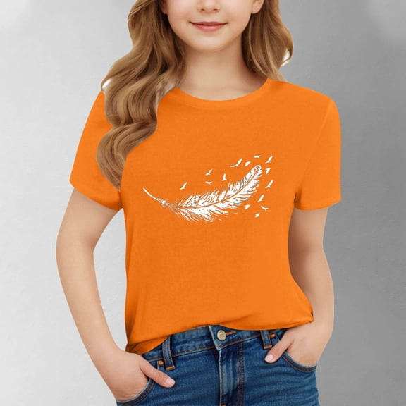 SGFCWSX Girls Short Sleeve Shirts, Kids Regular Fit Crew Neck Print Summer Tees Casual Tops Orange Size 7-8 Years