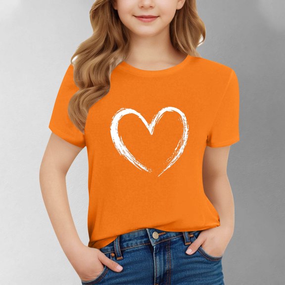 SGFCWSX Girls Short Sleeve Shirts, Kids Regular Fit Print Crew Neck Summer Tees Everyday Casual Tops Orange Size 9-10Years