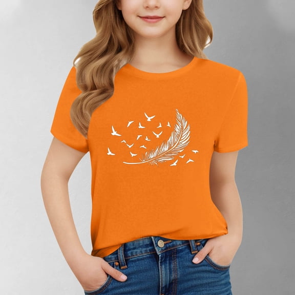 SGFCWSX Girls Short Sleeve Shirts, Kids Summer Tees Crew Neck Comfort Fit Graphic Casual Soft Tops Orange Size 9-10Years