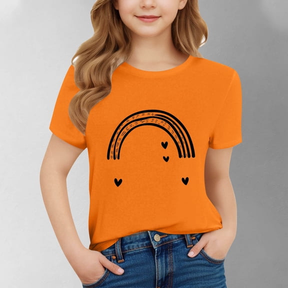 SGFCWSX Girls Short Sleeve Shirts, Kids Summer Tees Crewneck Comfort Fit Graphic Everyday Casual Tops Orange Size 9-10Years