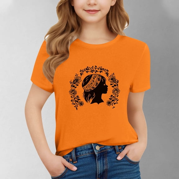 SGFCWSX Girls Short Sleeve Shirts, Kids Summer Tees Print Crew Neck Regular Fit Casual Everyday Tops Orange Size 5-6Years
