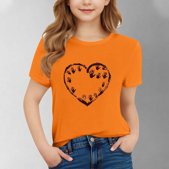 SGFCWSX Girls Short Sleeve Shirts, Teens Crewneck Summer Tees Graphic Comfort Fit Casual Soft Tops Orange Size 12-13 Years