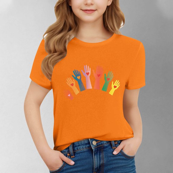 SGFCWSX Girls Short Sleeve Shirts, Teens Graphic Summer Tees Comfort Fit Crewneck Casual Everyday Tops Orange Size 14-15Years