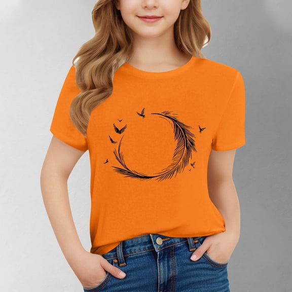 SGFCWSX Girls Short Sleeve Shirts, Teens Summer Tees Print Regular Fit Crew Neck Casual Soft Tops Orange Size 14-15Years
