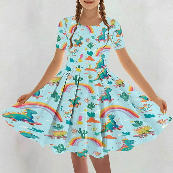 SGFCWSX Girls Short Sleeve Skater Dress Kids Casual Crewneck Print Swing Dress for Spring Summer Light Blue Size 11-12 Years