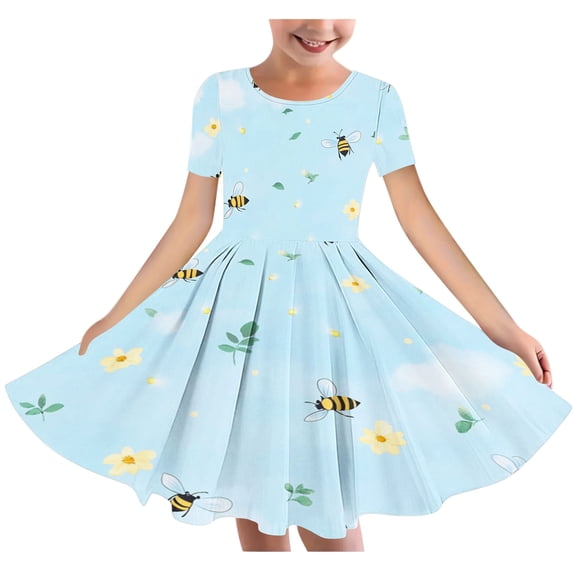SGFCWSX Girls Short Sleeve Skater Dress Kids Crewneck Butterfly Floral Print Swing Dress for Spring Summer Casual Play Multicolor Size 9-10 Years