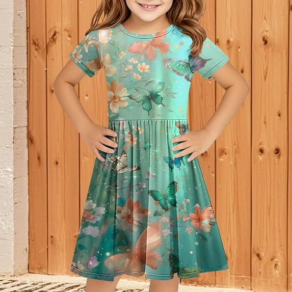SGFCWSX Girls Short Sleeve Skater Dress Kids Crewneck Dinosaur Print Swing Dress for Spring Summer Casual Play Mint Green Size 9-10 Years