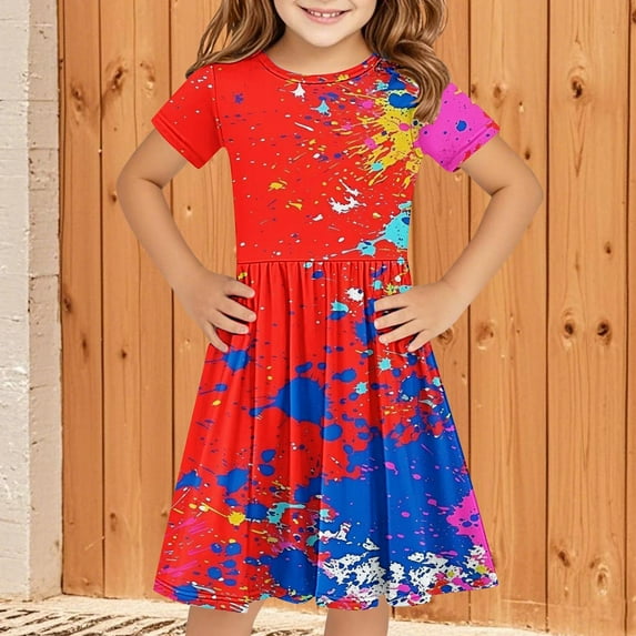 SGFCWSX Girls Short Sleeve Skater Dress Kids Crewneck Dinosaur Print Swing Dress for Spring Summer Casual Play Red Size 7-8 Years