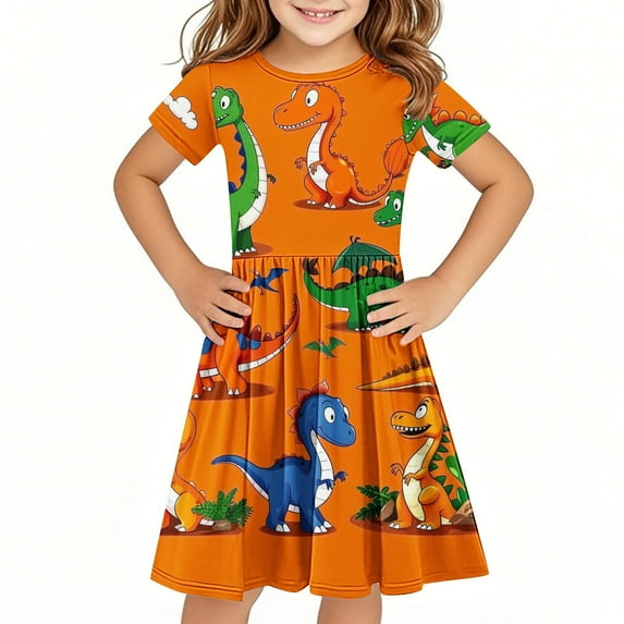 SGFCWSX Girls Short Sleeve Skater Dress Kids Dinosaur Print Crewneck Swing Dress for Spring Summer Casual Play Orange Size 11-12 Years