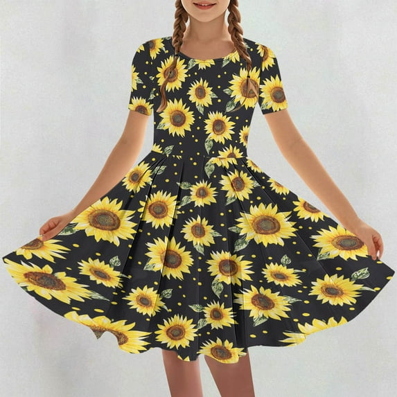 SGFCWSX Girls Short Sleeve Skater Dress Teens Crewneck Print Casual Swing Dress for Spring Summer Yellow Size 14-15 Years