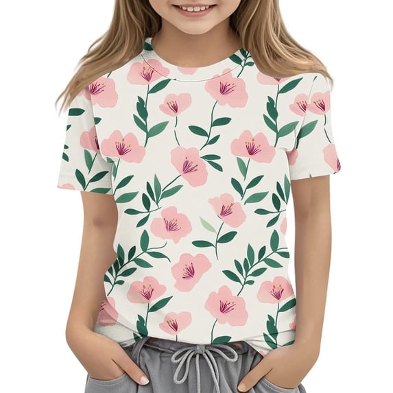 SGFCWSX Girls Short Sleeve T-Shirt, Casual Print Kids Fashion Top Pink Size 9-10 Years
