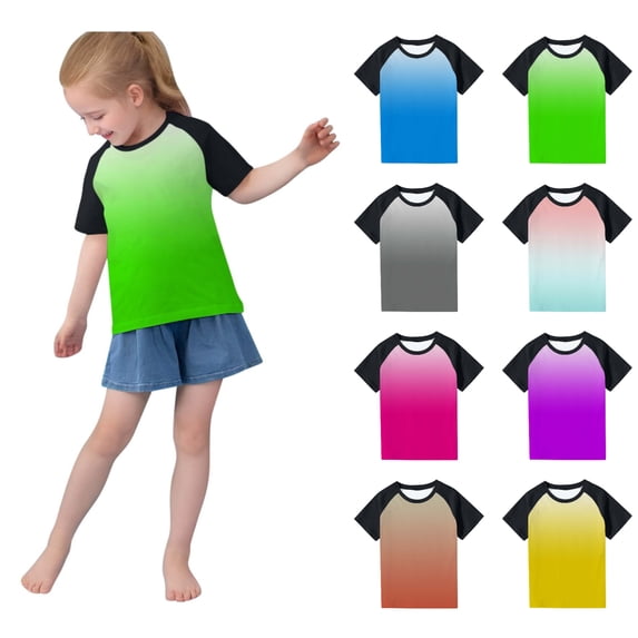 SGFCWSX Girls Short Sleeve T-Shirt Daily Wear for School, Kids Breathable Tees Raglan Sleeve Casual Gradient Tops Green Size 3-4 Years