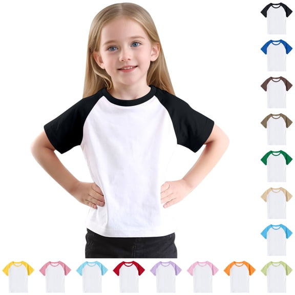 SGFCWSX Girls Short Sleeve T-Shirt Daily Wear for School, Kids Breathable Tops Quick-Dry Cotton Raglan Sleeve Tees Black Size 4-5 Years