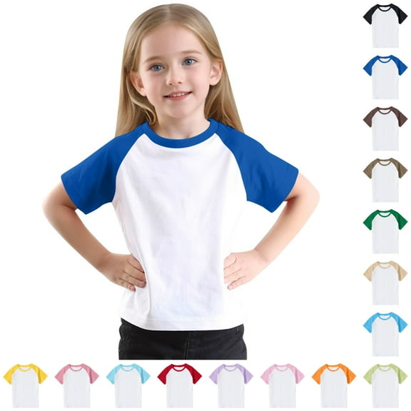 SGFCWSX Girls Short Sleeve T-Shirt Daily Wear for School, Kids Cotton Raglan Sleeve Breathable Tops Quick-Dry Tees Blue Size 4-5 Years