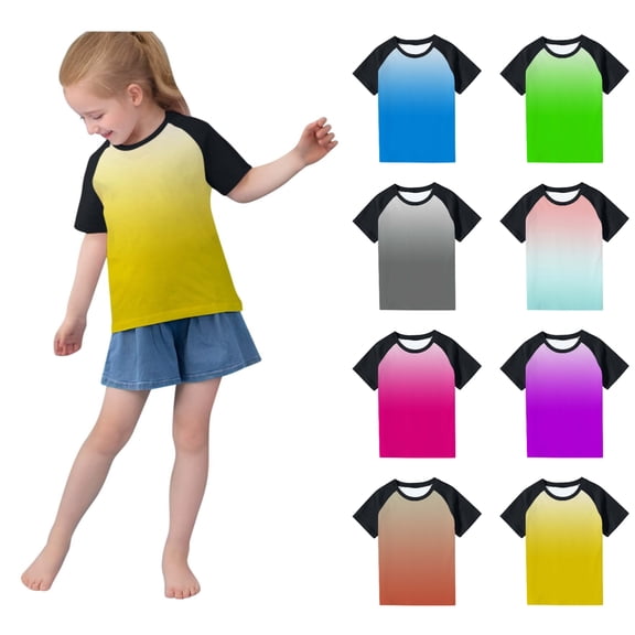 SGFCWSX Girls Short Sleeve T-Shirt Daily Wear for School, Kids Gradient Raglan Sleeve Casual Breathable Tees Tops Yellow Size 7-8 Years