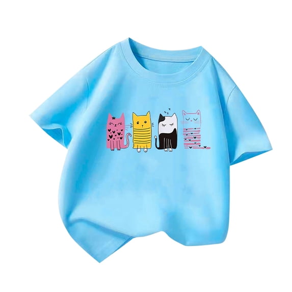 SGFCWSX Girls Short Sleeve T-Shirt, Kids Cotton Breathable Lightweight Print Top, Casual Everyday Wear Blue Size 10-12 Years