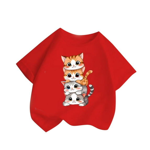 SGFCWSX Girls Short Sleeve T-Shirt, Kids Cotton Graphic Print Soft Breathable Top, Casual Everyday Wear Red Size 4-6 Years