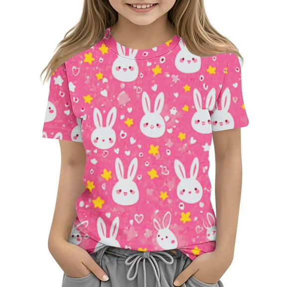 SGFCWSX Girls Short Sleeve T-Shirt, Kids Crew Neck Casual Daily Print Tops Summer Tees Pink Size 11-12 Years