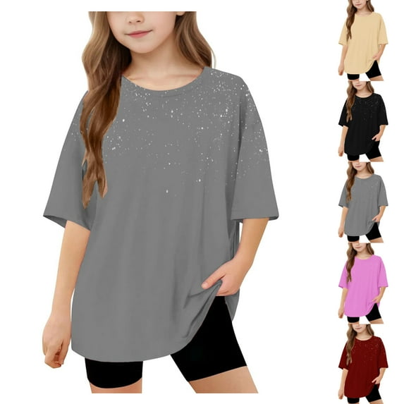 SGFCWSX Girls Short Sleeve T-Shirt, Kids Crew Neck Oversized Tees Casual Summer Tops Gray Size 10-11 Years