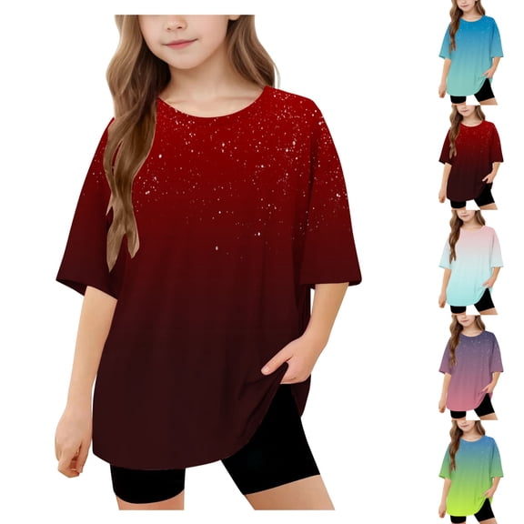 SGFCWSX Girls Short Sleeve T-Shirt, Kids Crew Neck Relaxed Fit Gradient Tees Daily Summer Tops Wine Size 8-9 Years