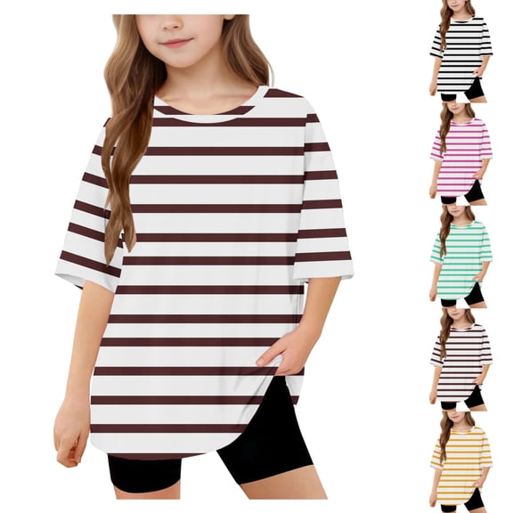 SGFCWSX Girls Short Sleeve T-Shirt, Kids Crew Neck Striped Loose Fit Tees Daily Summer Tops Brown Size 5-6 Years